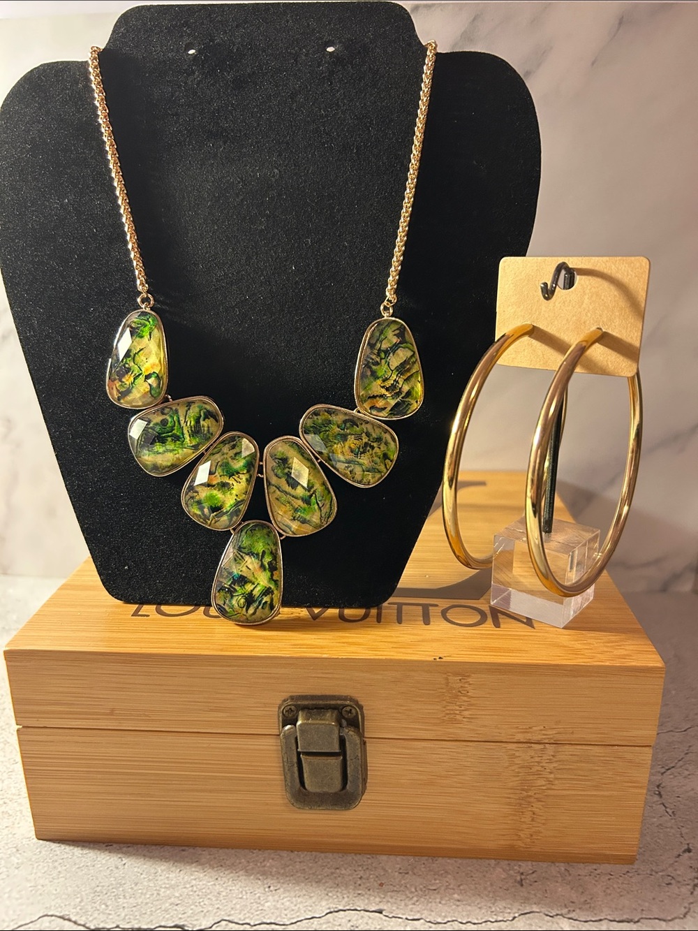 Source Unknown Green and Gold Statement Bib Necklace